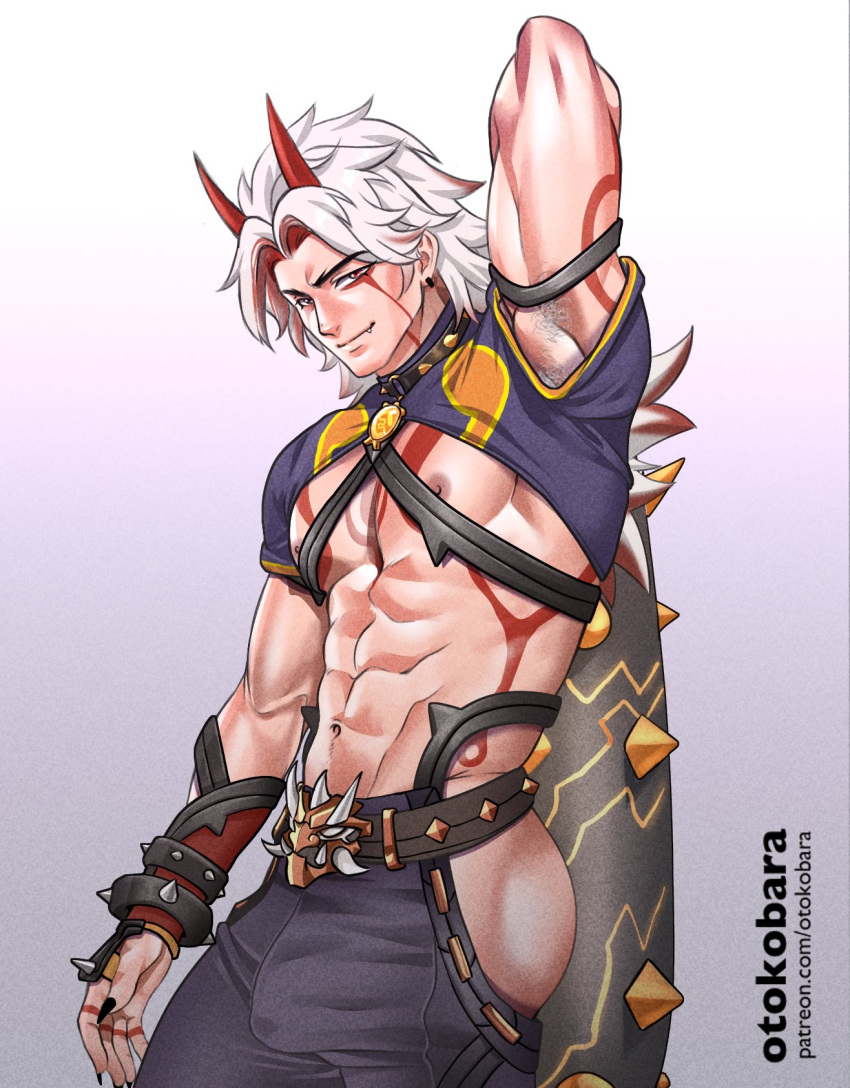 5_fingers abs armpit_hair armwear asian_mythology belt biped black_nails body_hair bottomwear bracelet bulge butt chest_markings clothed clothing club_(weapon) collar colored_nails demon east_asian_mythology eyebrows facial_markings fingers hair handwear head_markings hi_res horn humanoid itto_arataki_(genshin_impact) japanese_mythology jewelry long_hair looking_at_viewer male markings melee_weapon muscular muscular_male mythology nails navel nipples oni otokobara pants purple_bottomwear purple_clothing purple_pants purple_topwear red_horn red_markings simple_background smile solo spiked_bracelet spiked_club spiked_collar spikes standing topwear weapon white_body white_hair yōkai