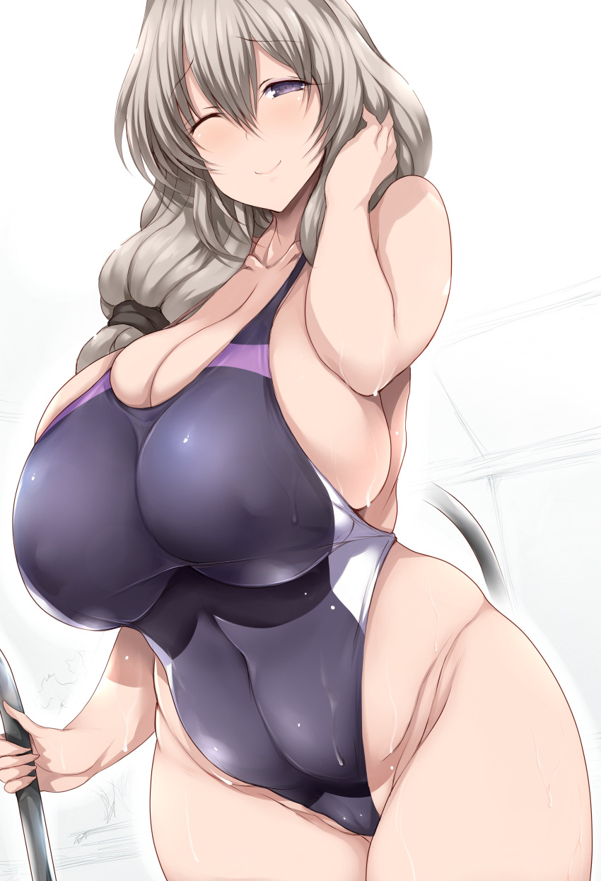 1girl absurdres bangs bare_shoulders blue_eyes blush breasts cleavage clothing_cutout collarbone commentary_request covered_navel covered_nipples grey_hair grey_swimsuit hair_over_shoulder highleg highleg_swimsuit highres huge_breasts large_breasts long_hair looking_at_viewer looking_to_the_side low-tied_long_hair low_tied_hair mature_female one-piece_swimsuit one-piece_thong one_eye_closed pool poolside purple_eyes rei_no_pool sideboob silver_hair skindentation smile solo swimsuit thighs thong tsukasawa_takamatsu unusually_open_eyes uzaki-chan_wa_asobitai! uzaki_tsuki wet white_background