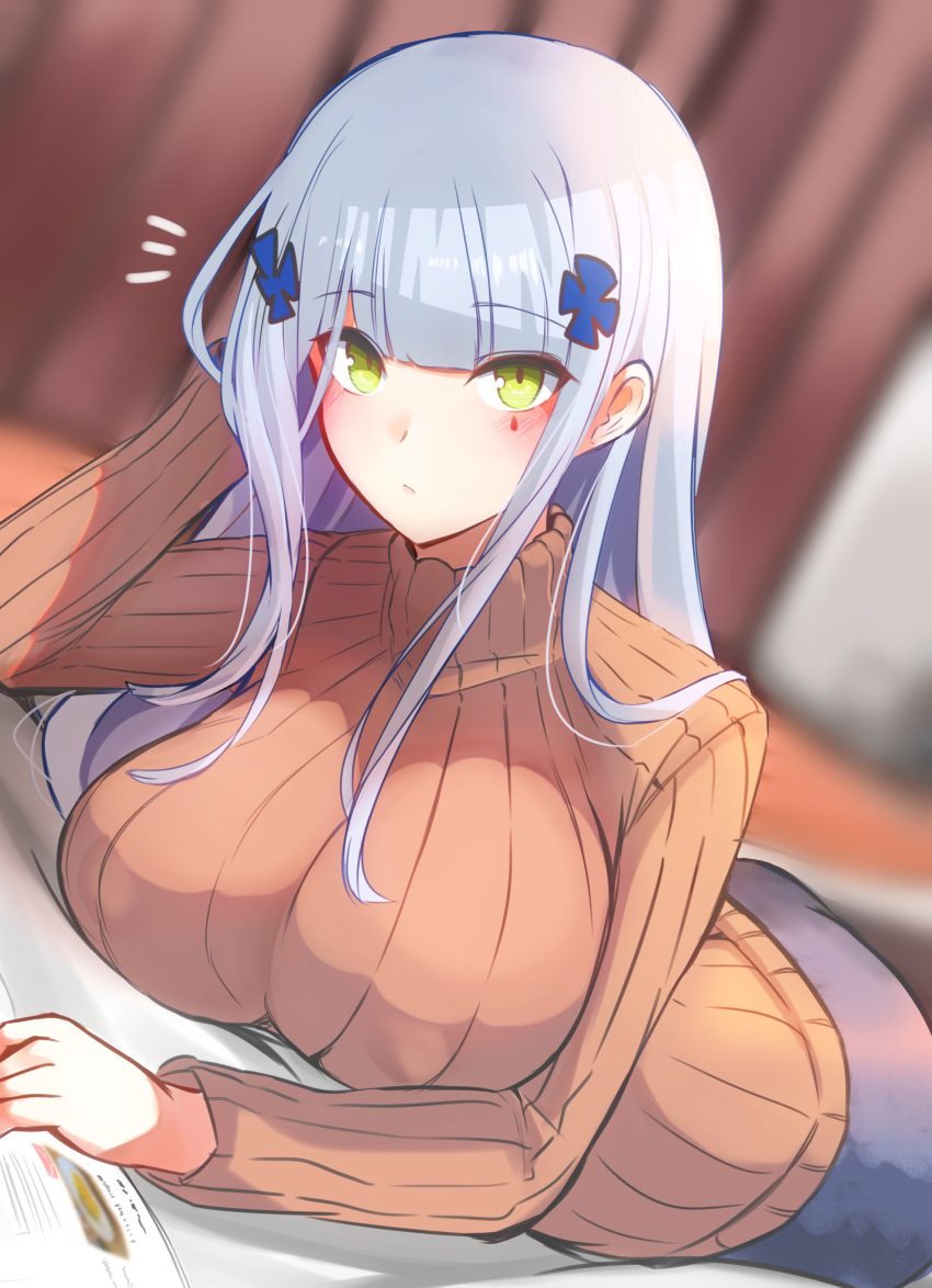 10eki_(tenchou) 1girl absurdres bangs blunt_bangs blurry blurry_background blush book breast_rest breasts brown_sweater casual closed_mouth covered_nipples dutch_angle eyebrows_visible_through_hair eyes_visible_through_hair facial_mark girls'_frontline green_eyes hair_ornament hand_on_head highres hk416_(girls'_frontline) impossible_clothes impossible_sweater indoors large_breasts light_blue_hair light_frown long_hair long_sleeves looking_at_viewer lying notice_lines on_stomach ribbed_sweater sidelocks silver_hair skirt solo sweater teardrop teardrop_facial_mark teardrop_tattoo turtleneck turtleneck_sweater x_hair_ornament