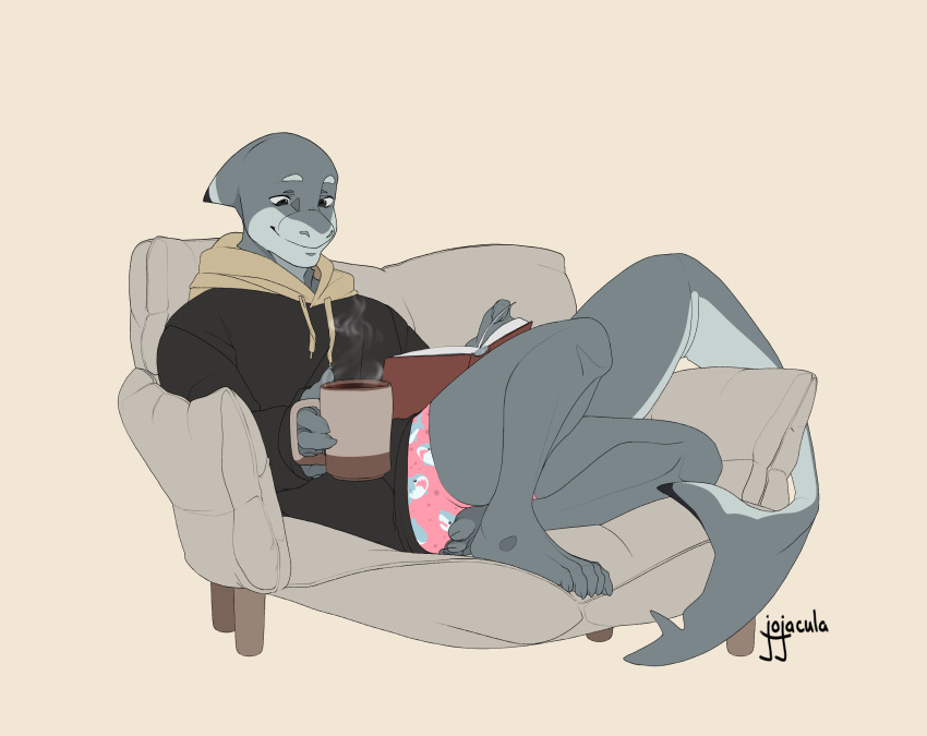 anthro beverage black_clothing black_eyes black_tip_tail black_topwear blacktip_reef_shark book carcharhinus clothing coffee coffee_mug container cup eyebrows feet fin fingers fish furniture head_fin hi_res holding_cup holding_object hoodie jojacula liquid loveseat lysander_hano male marine multicolored_body paper pink_clothing reading reading_book reef_shark requiem_shark shaded shark simple_background simple_shading sitting smile snout solo solo_focus steam tail_fin tail_over_edge tan_clothing toes topwear two_tone_body underwear