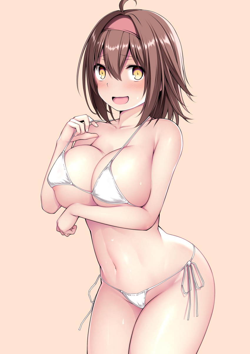 1girl ahoge bare_arms bare_legs bare_shoulders bikini blush breasts brown_eyes brown_hair cleavage collarbone cowboy_shot eyebrows_visible_through_hair groin hair_between_eyes hairband highres kantai_collection kuromayu large_breasts navel open_mouth orange_background red_hairband shiratsuyu_(kancolle) short_hair simple_background smile solo swimsuit white_bikini