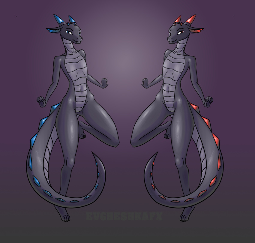 anthro blue_eyes blue_spikes dark_body dragon duo evgheshkafx hi_res looking_at_viewer male male/male red_eyes red_spikes reptile scalie simple_background