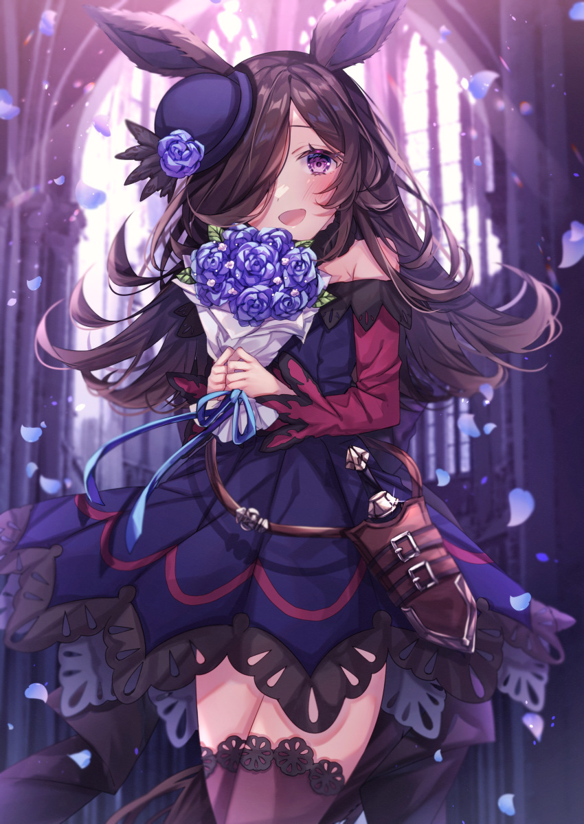 1girl absurdres animal_ears black_headwear blue_dress blue_flower blue_rose blush bouquet brown_hair brown_legwear cowboy_shot dagger dress flower hair_over_one_eye hat hat_flower highres holding holding_bouquet horse_ears horse_girl horse_tail knife long_hair long_sleeves off-shoulder_dress off_shoulder open_mouth petals purple_eyes rice_shower_(umamusume) rose rose_petals sheath sheathed smile solo sorashima_(117) tail thighhighs tilted_headwear umamusume weapon