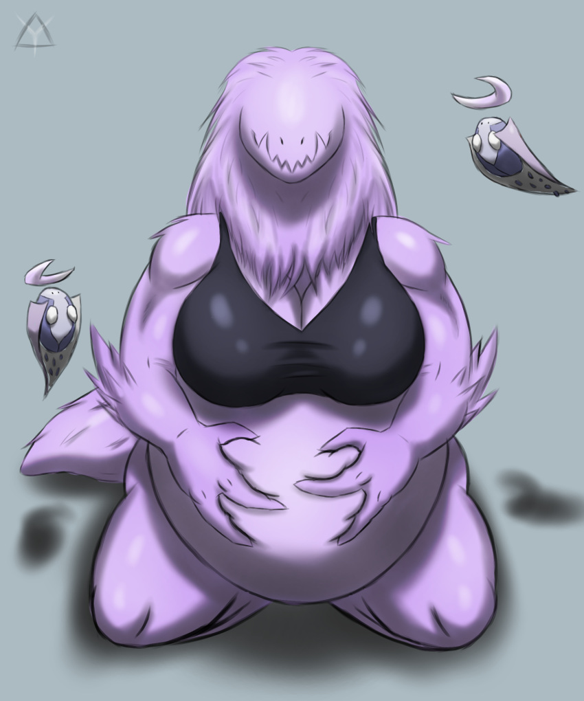absurd_res anivia_(covenant) anthro belly big_belly big_breasts bra breasts broodmother cave_dragon chestwear clothing covenant_(artist) dragon eyeless female fluffy happy hi_res kneeling motes overweight pregnant rubbing short_tail slightly_chubby solo spiritcaller underwear