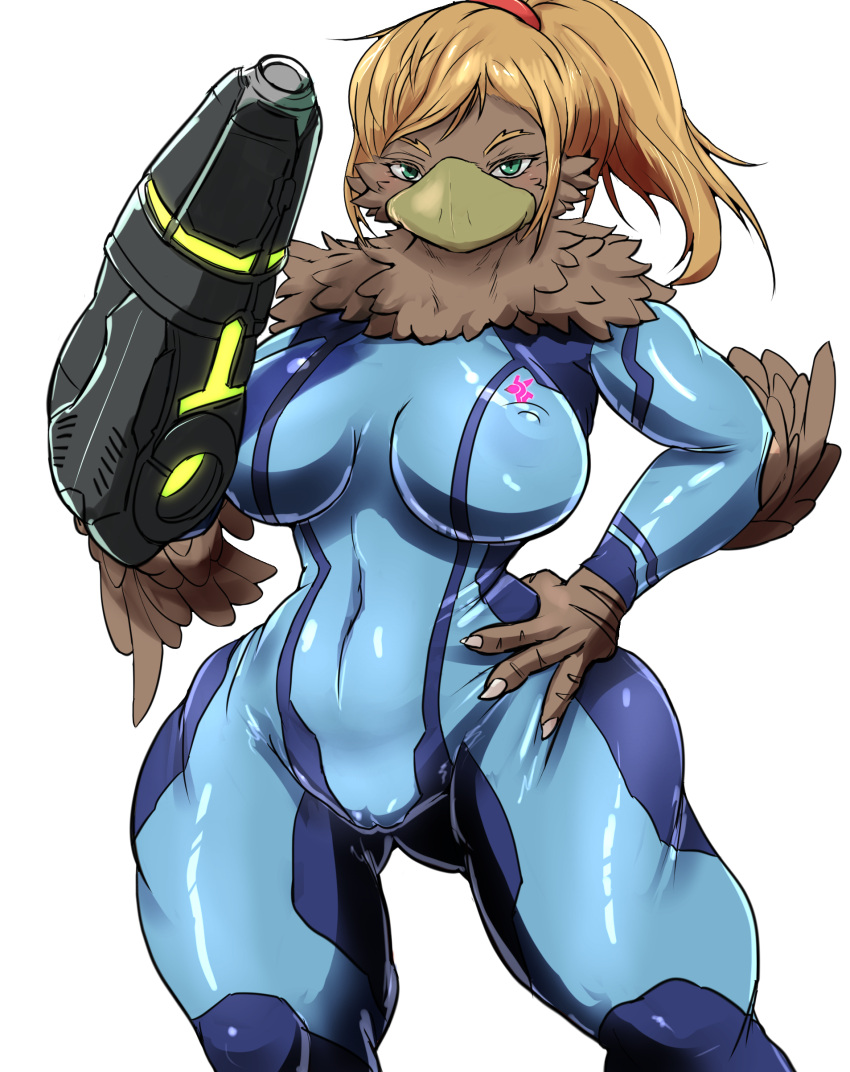 2021 absurd_res alternate_species anthro avian beak blonde_hair blue_clothing breasts brown_body brown_feathers butt_from_the_front camel-toe chozo clothing cottontail feathers female green_eyes hair hand_on_hip hi_res looking_at_viewer metroid nintendo nipple_outline samus_aran simple_background solo tight_clothing video_games white_background wide_hips zero_suit