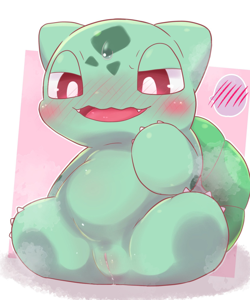 2021 3_claws aroused badwingm bedroom_eyes belly big_eyes blush blush_lines bodily_fluids border bulbasaur claws colored digital_drawing_(artwork) digital_media_(artwork) elemental_creature fangs feet female feral flora_fauna flustered front_view full-length_portrait genital_fluids genitals green_body green_ears green_scales hi_res in_heat iris leaking light lighting looking_at_genitalia looking_at_pussy looking_at_self looking_down monotone_ears narrowed_eyes nintendo noseless open_mouth open_smile outside_border pink_background pink_pussy plant pok&eacute;mon pok&eacute;mon_(species) portrait pupils pussy pussy_juice pussy_juice_leaking quadruped red_eyes red_tongue scales seductive shaded simple_background sitting smile solo speech_bubble sweat tongue video_games white_border white_pupils