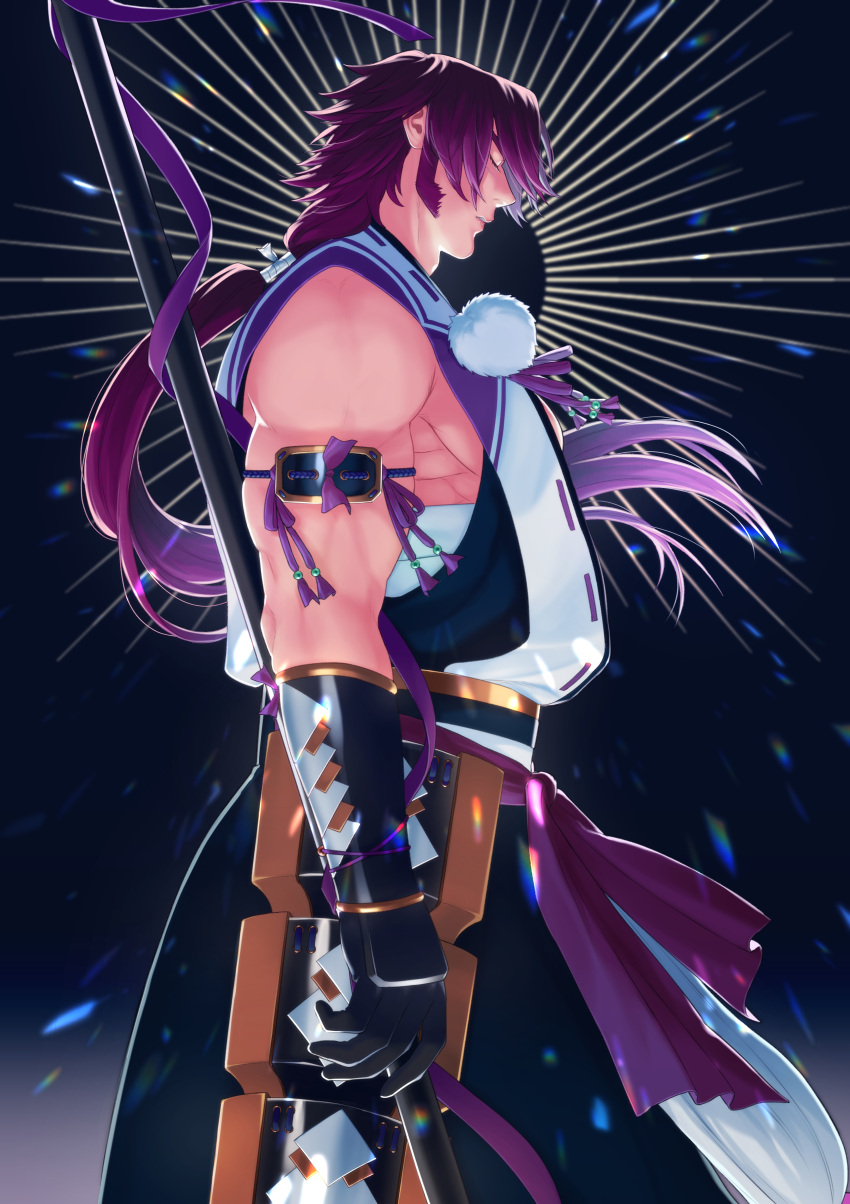 1boy absurdres bara commentary_request gloves hakama hakama_skirt highres japanese_clothes long_hair long_sideburns male_focus pectorals ponytail red_hair sideburns sidepec skirt solo tonbokiri tonbokiri_(touken_ranbu) touken_ranbu weapon yuzuki_(hmr813k)