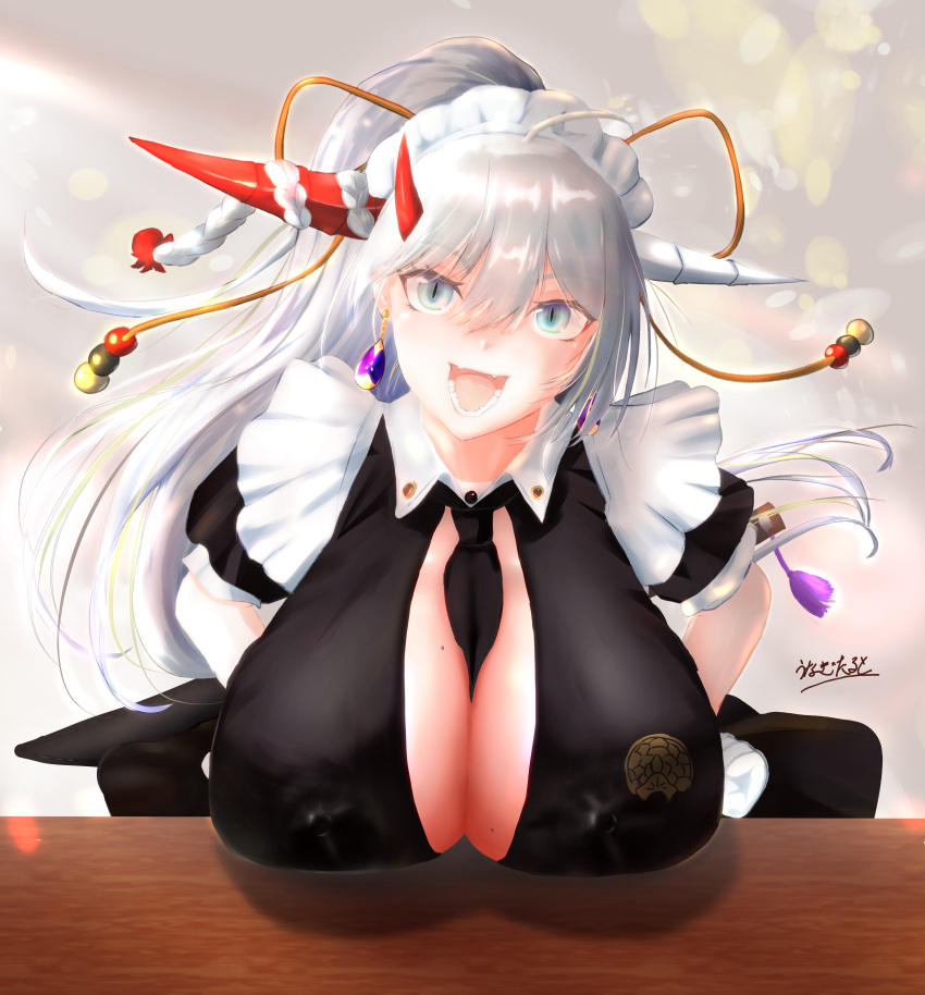 1girl absurdres apron asymmetrical_horns azur_lane between_breasts black_dress black_necktie breast_rest breasts breasts_on_table center_opening covered_nipples dress earrings hair_on_horn hakuryuu_(azur_lane) hakuryuu_(slice_dice_and_serve)_(azur_lane) high_ponytail highres horns huge_breasts jewelry looking_at_viewer multiple_horns necktie necktie_between_breasts official_alternate_costume puffy_short_sleeves puffy_sleeves red_horns sharp_teeth short_sleeves slit_pupils solo sword sword_behind_back teeth unamuscb upper_body weapon white_apron white_eyes white_hair white_horns