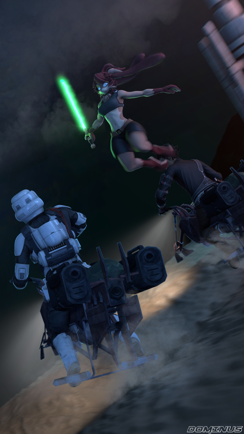 3d_(artwork) anthro digital_media_(artwork) dominussfm duo female group hi_res human jumping lagomorph leporid lightsaber lop_(star_wars_visions) mammal melee_weapon rabbit sand scouttrooper source_filmmaker speeder_bike star_wars star_wars_visions stormtrooper thorne_(dominus) weapon