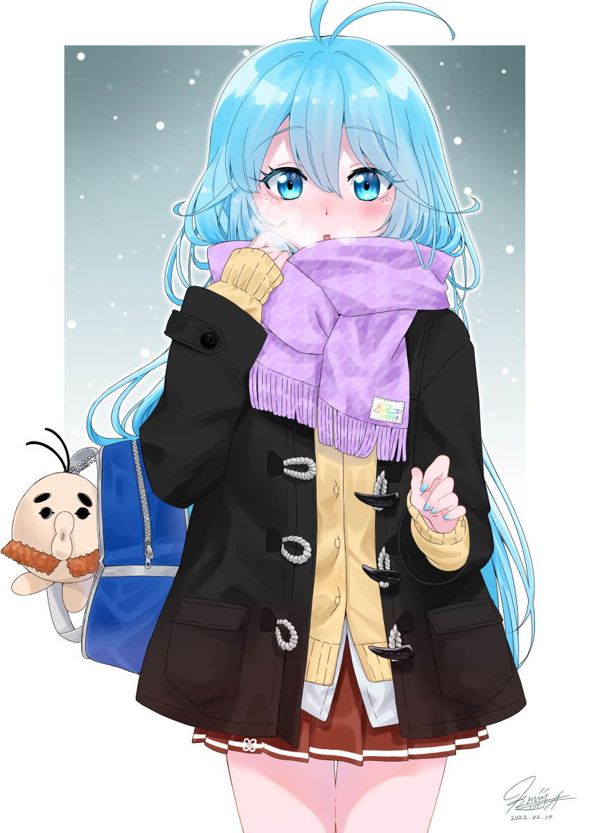 1girl absurdres adjusting_scarf antenna_hair bag bag_charm black_coat blue_background blue_hair blue_nails blush breasts cardigan charm_(object) coat cowboy_shot dated denpa_onna_to_seishun_otoko duffel_coat enpera eyebrows_visible_through_hair fringe_trim gradient gradient_background hair_between_eyes highres houndstooth karamaya long_hair looking_at_viewer open_clothes open_coat parted_lips pleated_skirt print_scarf purple_scarf red_skirt scarf school_bag school_uniform signature skirt snowing solo touwa_erio white_background winter winter_uniform