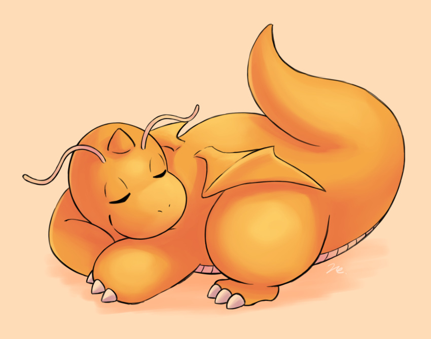 claws closed_eyes closed_mouth commentary_request dragonite lying no_humans on_stomach pokemon pokemon_(creature) ryusei0402 signature sleeping smile solo