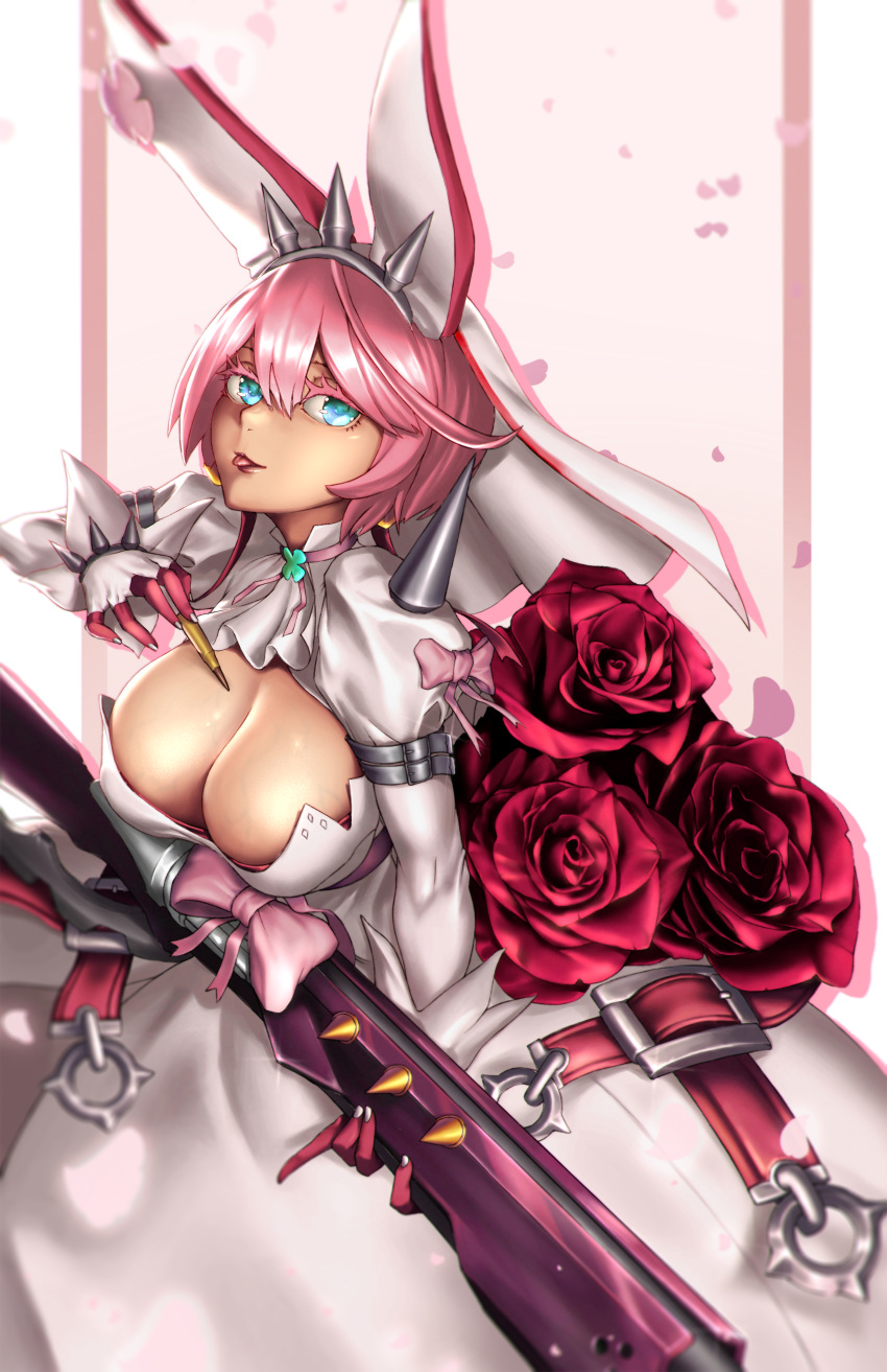 1girl absurdres ahoge areolae arms_up blue_eyes blush border breasts bridal_veil bullet cleavage clover dress earrings elphelt_valentine flower four-leaf_clover gloves guilty_gear guilty_gear_xrd gun hair_between_eyes highres holding holding_weapon huge_ahoge jewelry large_breasts nipples petals pink_ribbon platinum_disco red_hair ribbon rifle rose short_hair simple_background solo spikes tongue tongue_out veil weapon wedding_dress white_background white_border white_dress white_gloves