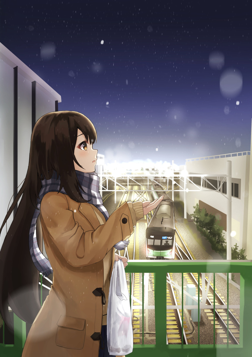 1girl absurdres bag bangs blue_scarf blurry blurry_foreground breath brown_coat brown_eyes brown_hair coat duffel_coat ground_vehicle highres holding holding_bag keiyo_earth long_hair night night_sky open_clothes open_coat open_mouth original outdoors outstretched_hand plaid plaid_scarf railing railroad_tracks scarf shopping_bag sky sleeves_past_wrists snowing solo star_(sky) starry_sky sweater train upper_body winter winter_clothes