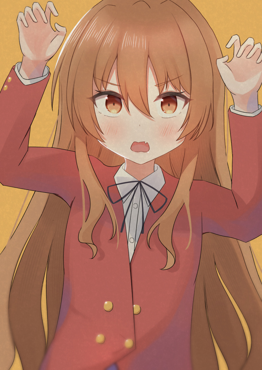 1girl absurdres aisaka_taiga arms_up bangs black_ribbon blazer blush brown_eyes brown_hair buttons claw_pose collared_shirt commentary cynic_(cynic2324) double-breasted eyebrows_visible_through_hair fang hair_between_eyes highres jacket long_hair long_sleeves looking_at_viewer neck_ribbon oohashi_high_school_uniform open_mouth orange_background red_jacket ribbon school_uniform shirt skin_fang solo toradora! very_long_hair white_shirt