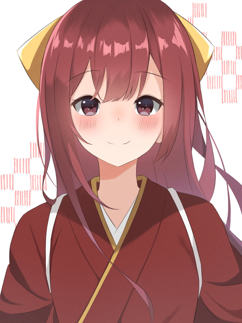 1girl bow commentary_request hachino_mugi hair_bow hakama highres japanese_clothes kamikaze_(kancolle) kantai_collection kimono long_hair looking_at_viewer meiji_schoolgirl_uniform purple_eyes purple_hair red_kimono simple_background smile solo tasuki upper_body white_background