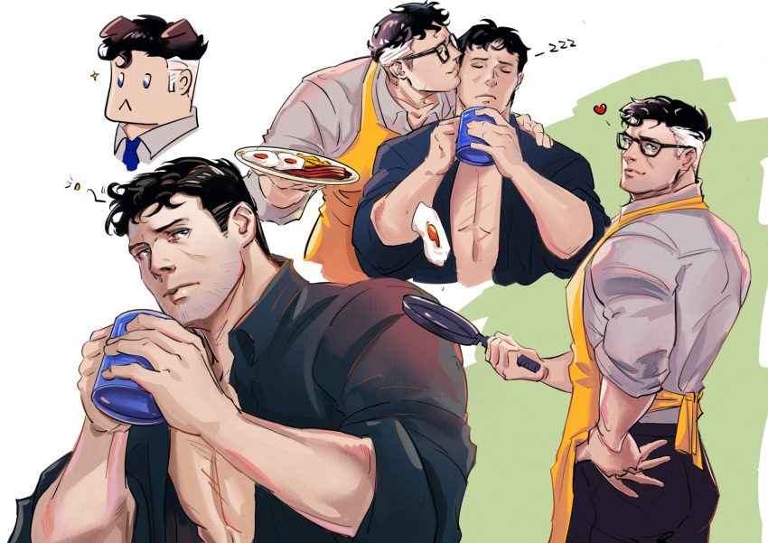 2boys apron bara batman_(series) black_hair black_pants black_shirt blue_eyes bruce_wayne clark_kent closed_eyes closed_mouth cooking cup dc_comics egg_(food) facial_hair fried_egg frying_pan glasses grey_shirt highres holding holding_cup holding_frying_pan holding_plate kiss kissing_cheek large_pectorals male_focus multicolored_hair multiple_boys multiple_views muscular muscular_male nichasheng open_clothes open_shirt pants pectorals plate shirt short_hair sideburns stubble superman_(series) two-tone_hair white_hair yellow_apron