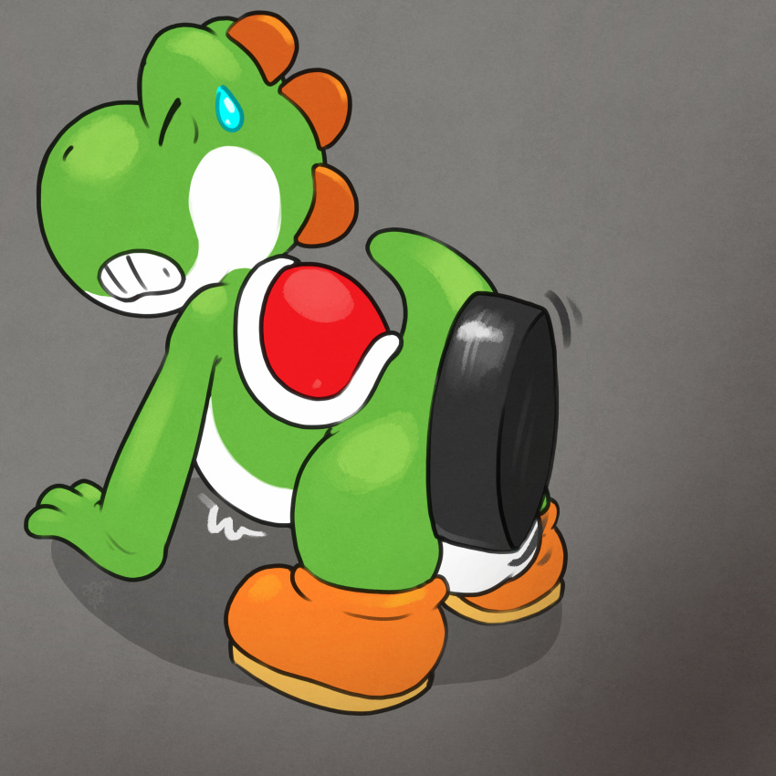 1:1 abdominal_bulge absurd_res ambiguous_gender anal anal_penetration anal_vore anthro argon_vile backsack balls bent_over bodily_fluids bullet_bill clothing digital_media_(artwork) dinosaur eyes_closed footwear genitals green_yoshi hi_res living_insertion male male/ambiguous mario_bros nintendo partial_vore penetration reptile same_size_vore scalie shoes simple_background soft_vore struggling sweat sweatdrop teeth video_games vore yoshi