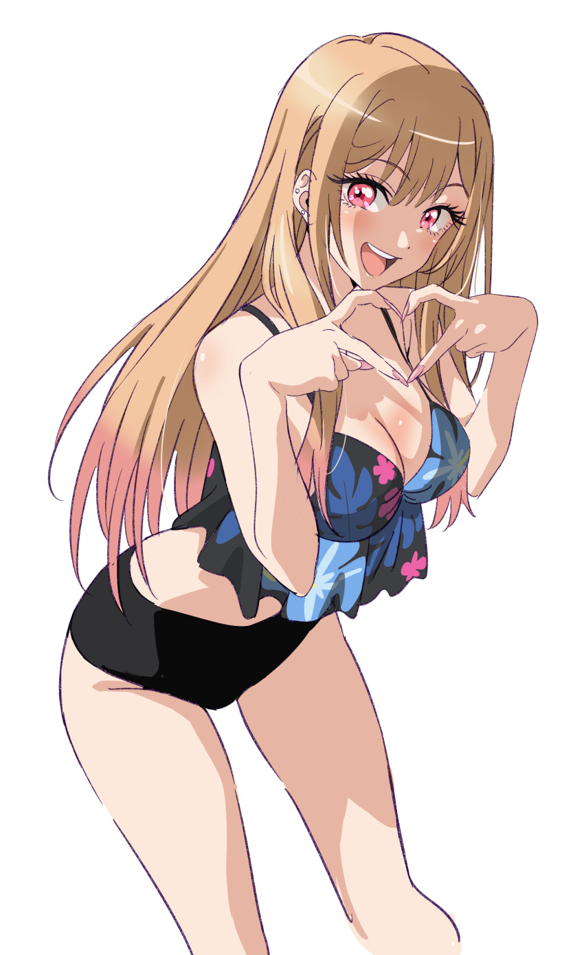 1girl absurdres bangs blonde_hair blush breasts cleavage ear_piercing earrings fingernails happy heart heart_hands highres jewelry kitagawa_marin long_fingernails long_hair looking_at_viewer midriff multicolored_hair official_art open_mouth piercing pink_hair red_eyes solo sono_bisque_doll_wa_koi_wo_suru swimsuit thigh_gap thighs white_background yamazaki_jun