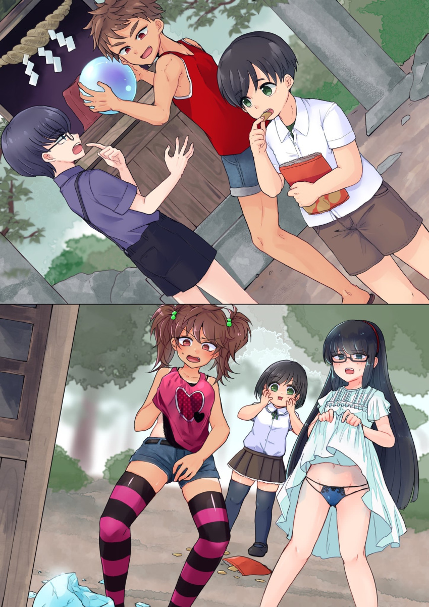 3boys 3girls black_hair blue_eyes blue_panties blush brown_hair chips commentary_request crystal_ball denim denim_shorts dress eating embarrassed food genderswap genderswap_(mtf) glasses green_eyes highres long_hair medium_hair multiple_boys multiple_girls original panties pink_shirt plump red_eyes red_shirt shirt short_hair shorts skirt striped striped_legwear surprised tan tanlines thighhighs thighs totoyasu_tsp transformation twintails underwear white_shirt