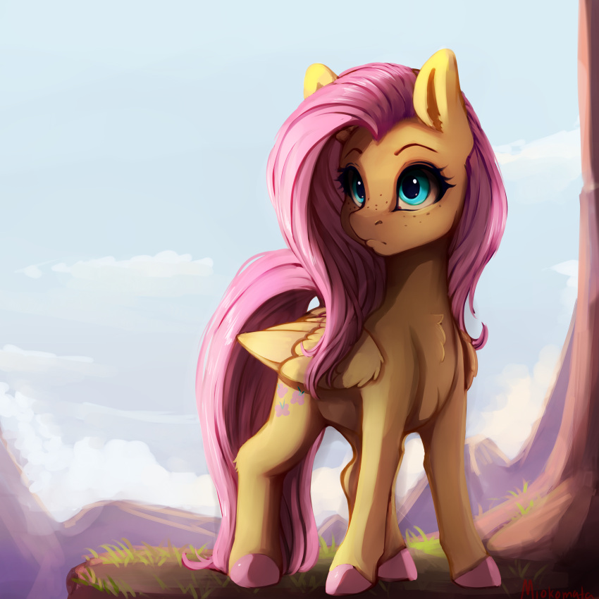 absurd_res blue_eyes chest_tuft equid equine eyelashes female feral fluttershy_(mlp) freckles friendship_is_magic grass hair hasbro hi_res long_hair long_tail mammal miokomata my_little_pony pegasus pink_hair pink_tail plant solo tuft wings