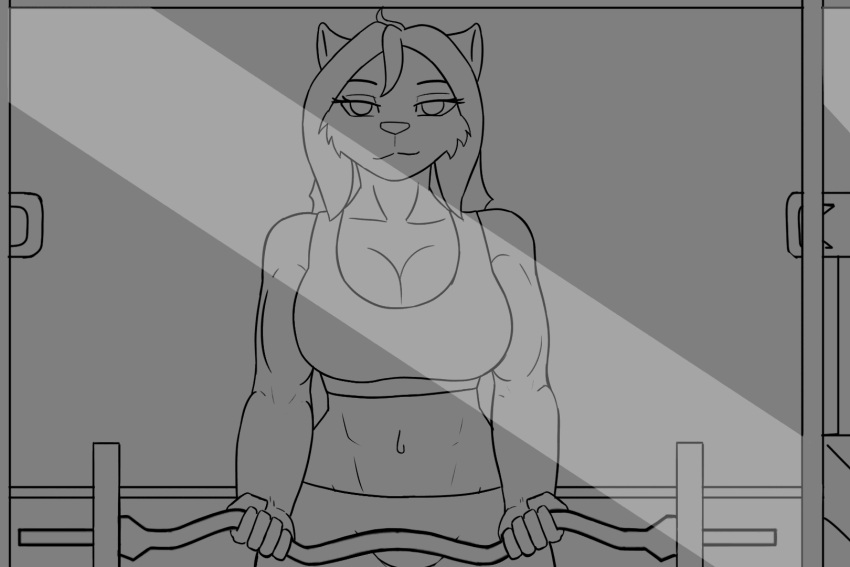 abs animated anthro barbell bicep_curl big_breasts bottomwear bra breast_squish breasts canid canine clothing curls exercise female gym gym_bottomwear gym_clothing gym_shorts hi_res mammal mirror mirror_reflection monochrome muscular muscular_female reflection ruanshi shorts smile smirk solo sports_bra squish underwear were werecanid werecanine werewolf workout workout_clothing
