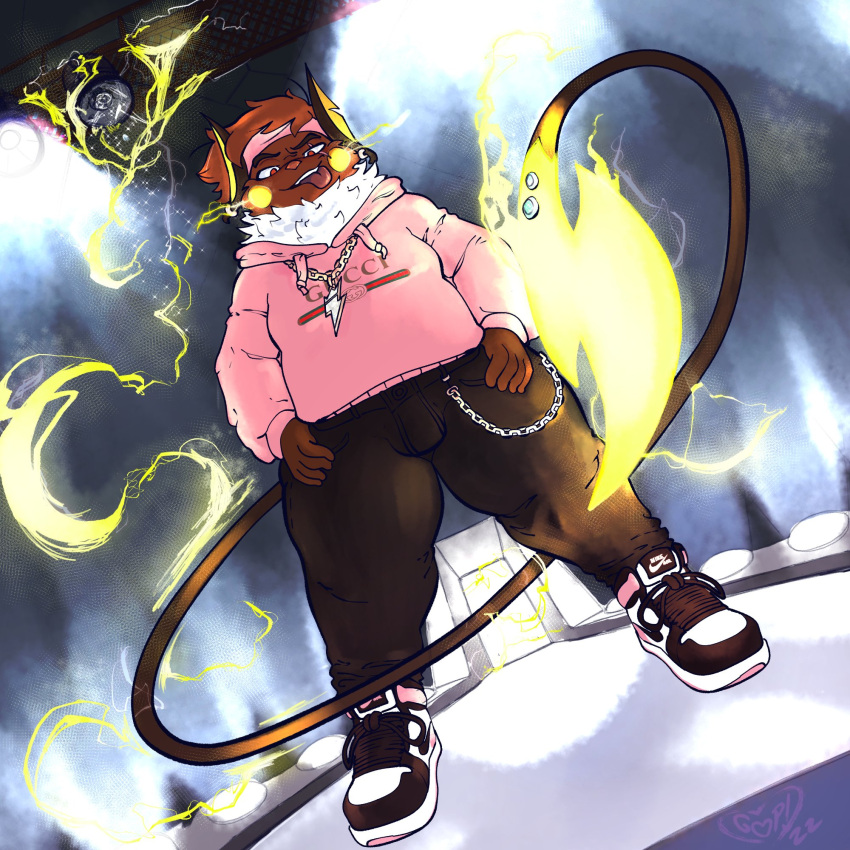 anthro bottomwear chain chain_necklace clothing confident electricity footwear glowing glowing_tail goopdraw gucci hi_res long_tail male nike pants rokan_(rokanartz) shoes sneakers solo sweater tongue tongue_out topwear