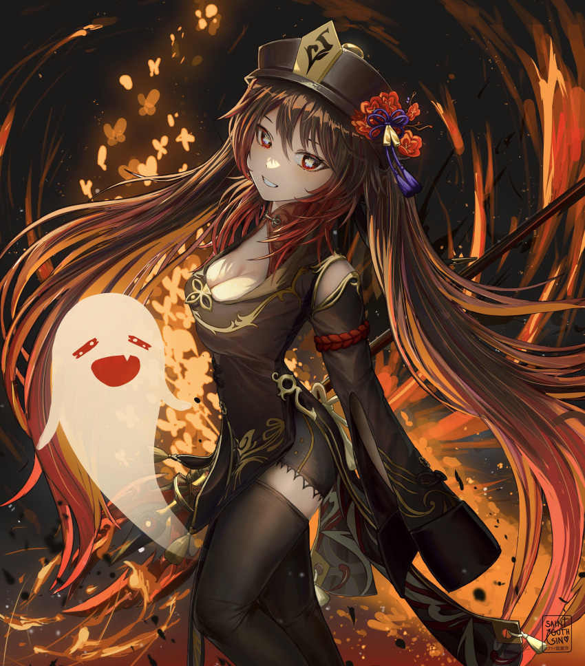 1girl absurdres adapted_costume alternate_breast_size artist_logo bangs black_legwear black_shorts breasts brown_hair bug butterfly china_dress chinese_clothes colored_tips cowboy_shot dress embers fiery_background fire floating_hair flower flower-shaped_pupils from_side genshin_impact ghost gold_trim gradient_hair grin hat hat_flower hat_ornament highres holding holding_polearm holding_weapon hu_tao_(genshin_impact) long_hair looking_at_viewer looking_to_the_side medium_breasts multicolored_hair pelvic_curtain plum_blossoms polearm porkpie_hat red_eyes red_hair saintgothsin shiny shiny_hair shorts sleeves_past_wrists smile solo staff_of_homa_(genshin_impact) symbol-shaped_pupils tassel teeth thighhighs twintails very_long_hair weapon wide_sleeves