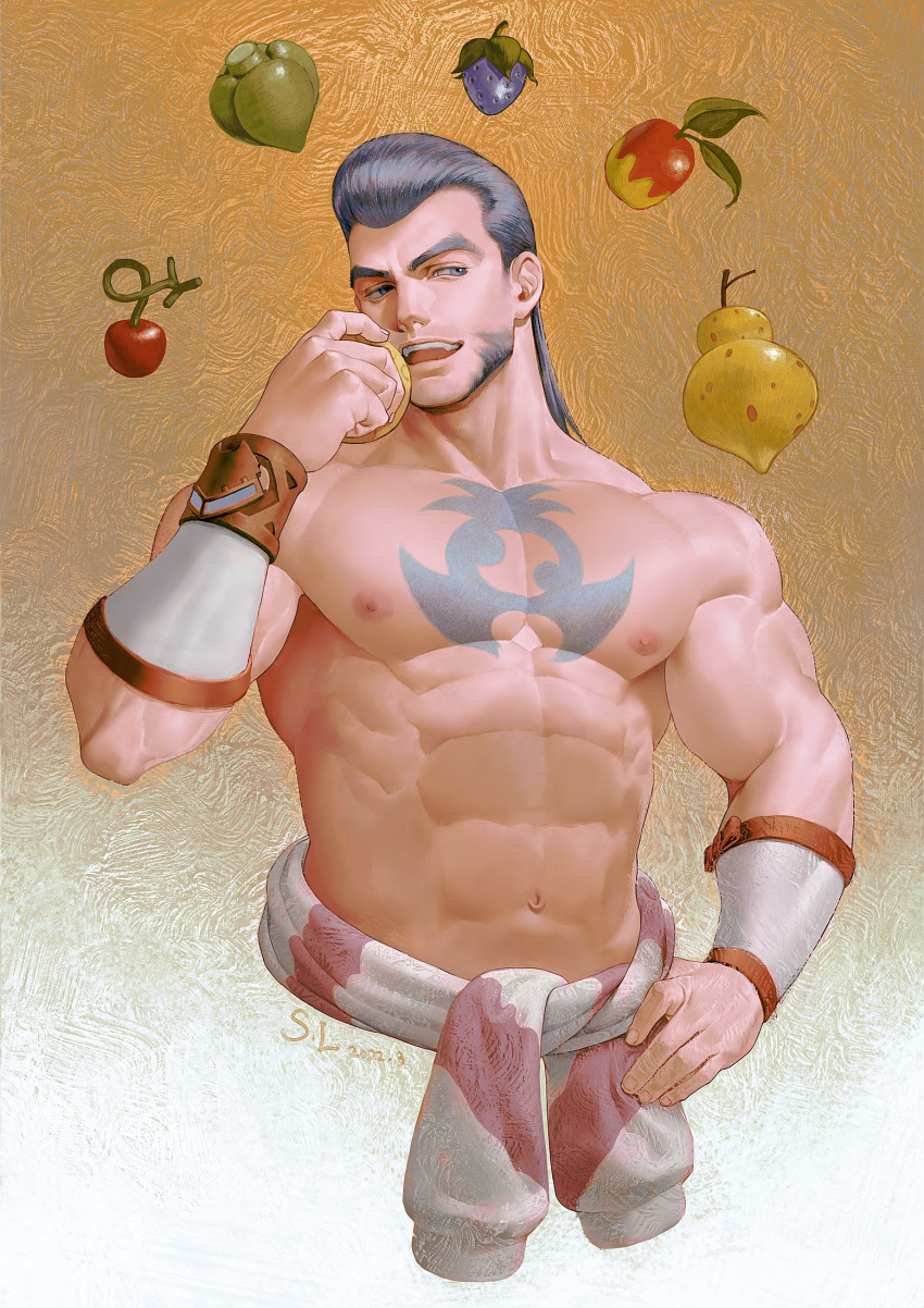 1boy abs arm_guards bara beard berry blue_eyes blue_hair bracelet facial_hair gaeric_(pokemon) hair_slicked_back hand_on_hip highres jewelry large_pectorals long_hair looking_to_the_side male_focus muscular muscular_male navel nipples open_mouth pectorals pokemon pokemon_(game) pokemon_legends:_arceus pompadour saolin_(wudangx) simple_background solo tattoo thick_arms thick_eyebrows topless_male waist_sash