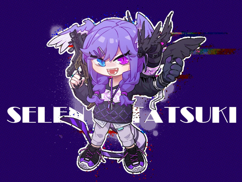 1girl animal_on_shoulder apex_legends black_footwear black_sweater blue_eyes braid character_name chibi chinese_commentary criangle_k. dragon ember_(selen_tatsuki) fangs gun hair_ornament hairclip head_wings heterochromia holding holding_gun holding_weapon lanyard medium_hair muzzle nijisanji nijisanji_en open_hand pants purple_background purple_eyes purple_hair purple_pants r-99_smg selen_tatsuki shoes smile sneakers solo submachine_gun sweater twin_braids untied_footwear virtual_youtuber weapon