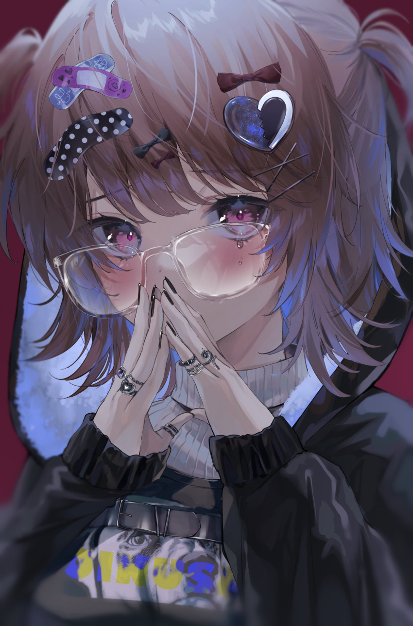 1girl bangs belt black_belt black_hoodie black_nails blush bow brown_hair covering_mouth eyebrows_visible_through_hair frown fur-trimmed_hood fur_trim glasses hair_between_eyes hair_bow hair_ornament hairclip harui_(hr_x9_) heart heart_hair_ornament highres hood hoodie jewelry long_sleeves looking_at_viewer medium_hair multiple_rings nail_polish original own_hands_together purple_eyes red_bow ribbed_sweater ring sleeves_past_wrists solo sticker sweater tears two_side_up upper_body white_sweater x_hair_ornament