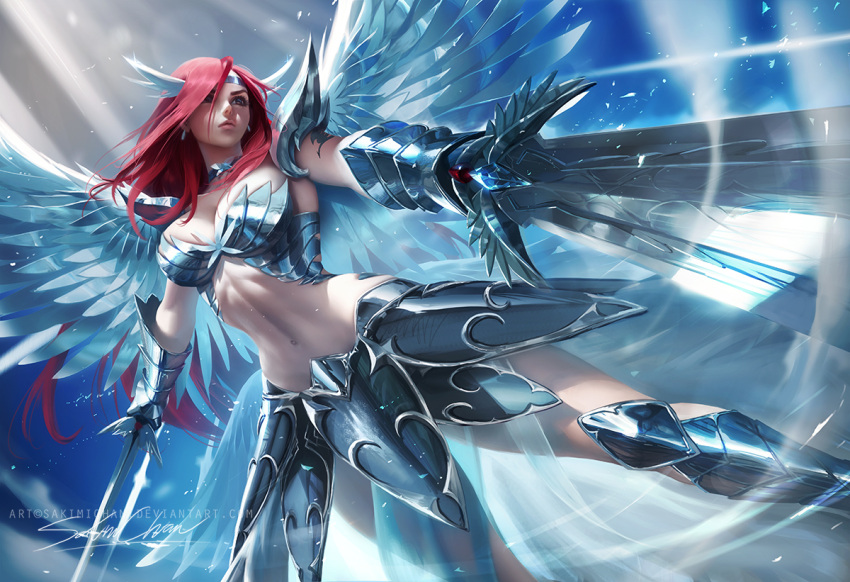 1girl angel_wings armor armored_boots banned_artist bikini_armor boots breasts cleavage closed_mouth commentary dual_wielding english_commentary erza_scarlet fairy_tail fantasy feathered_wings from_below gauntlets greatsword holding holding_sword holding_weapon long_hair medium_breasts navel red_eyes red_hair sakimichan signature solo stomach sword tattoo thighs weapon wings