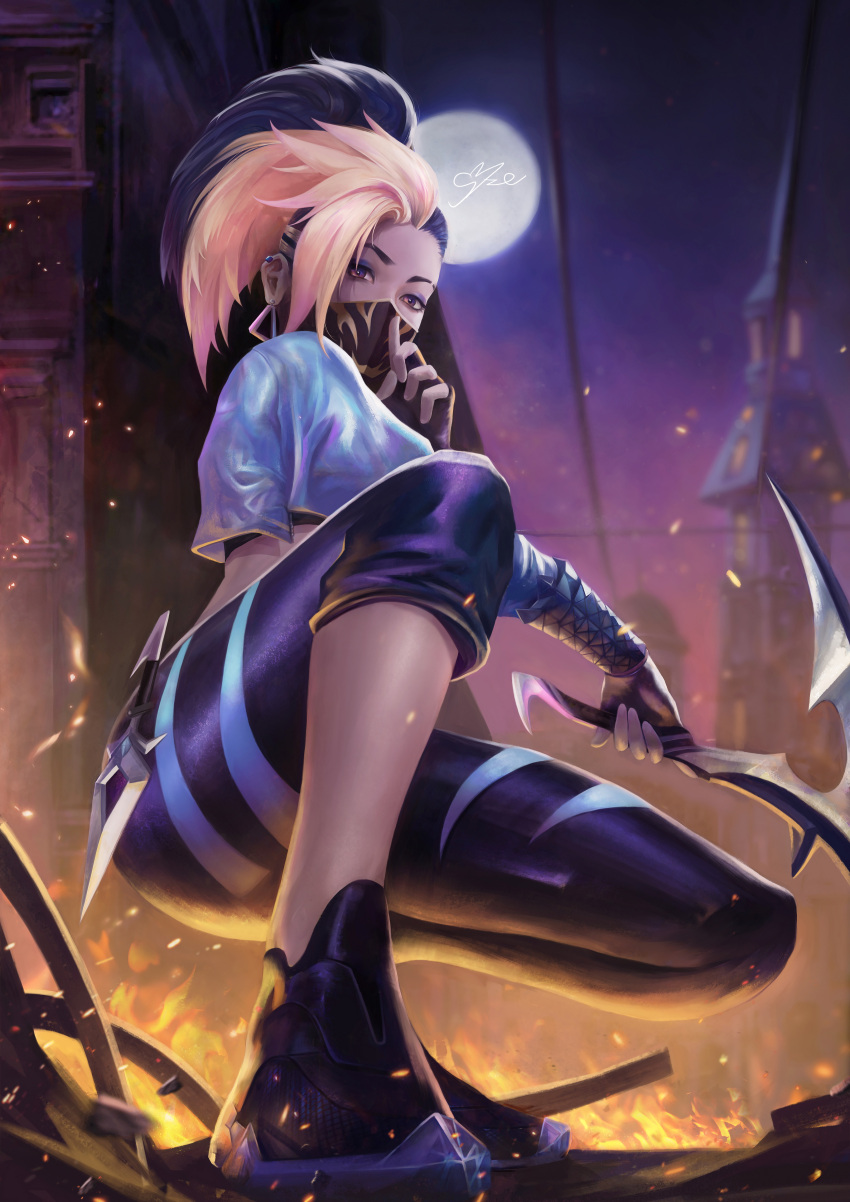 1girl absurdres akali asymmetrical_legwear black_gloves black_hair blonde_hair brown_eyes building crop_top ear_piercing earrings embers eyeshadow finger_to_mouth fingerless_gloves fire forehead from_below full_body full_moon gloves highres holding holding_scythe holding_weapon index_finger_raised jewelry k/da_(league_of_legends) kama_(weapon) kunai league_of_legends looking_at_viewer makeup mask midriff moon mouth_mask multicolored_hair night night_sky official_alternate_costume pants piercing ponytail print_mask scythe shushing sickle sky solo syze_jun the_baddest_akali tight tight_pants tower two-tone_hair weapon