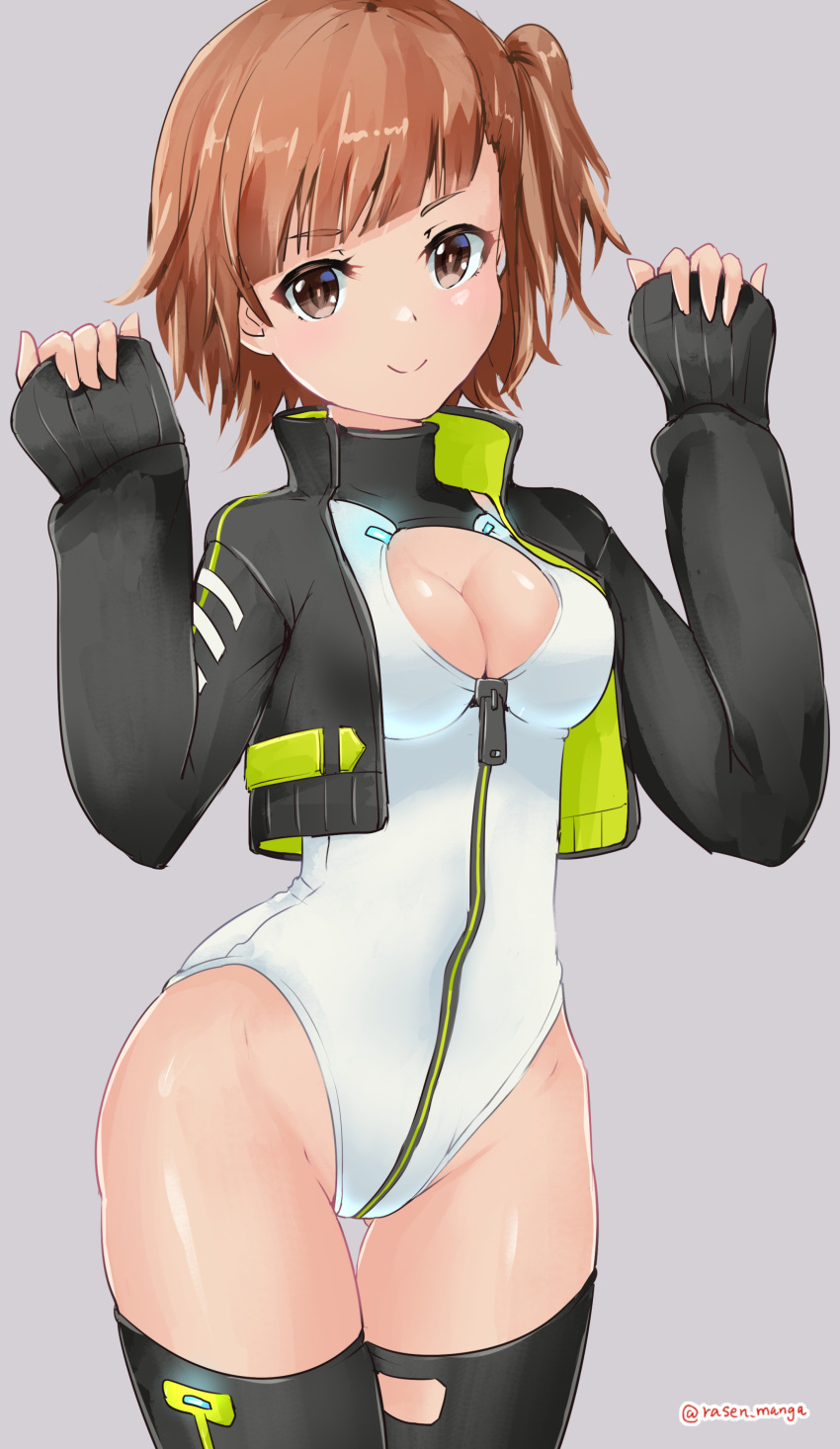 1girl absurdres alice_gear_aegis black_jacket black_legwear booth_babe breasts brown_eyes brown_hair cleavage cleavage_cutout clothing_cutout commentary_request cowboy_shot highres jacket kasugaoka_moe leotard looking_at_viewer medium_breasts open_clothes open_jacket rasen_manga short_hair side_ponytail sleeves_past_wrists solo white_leotard