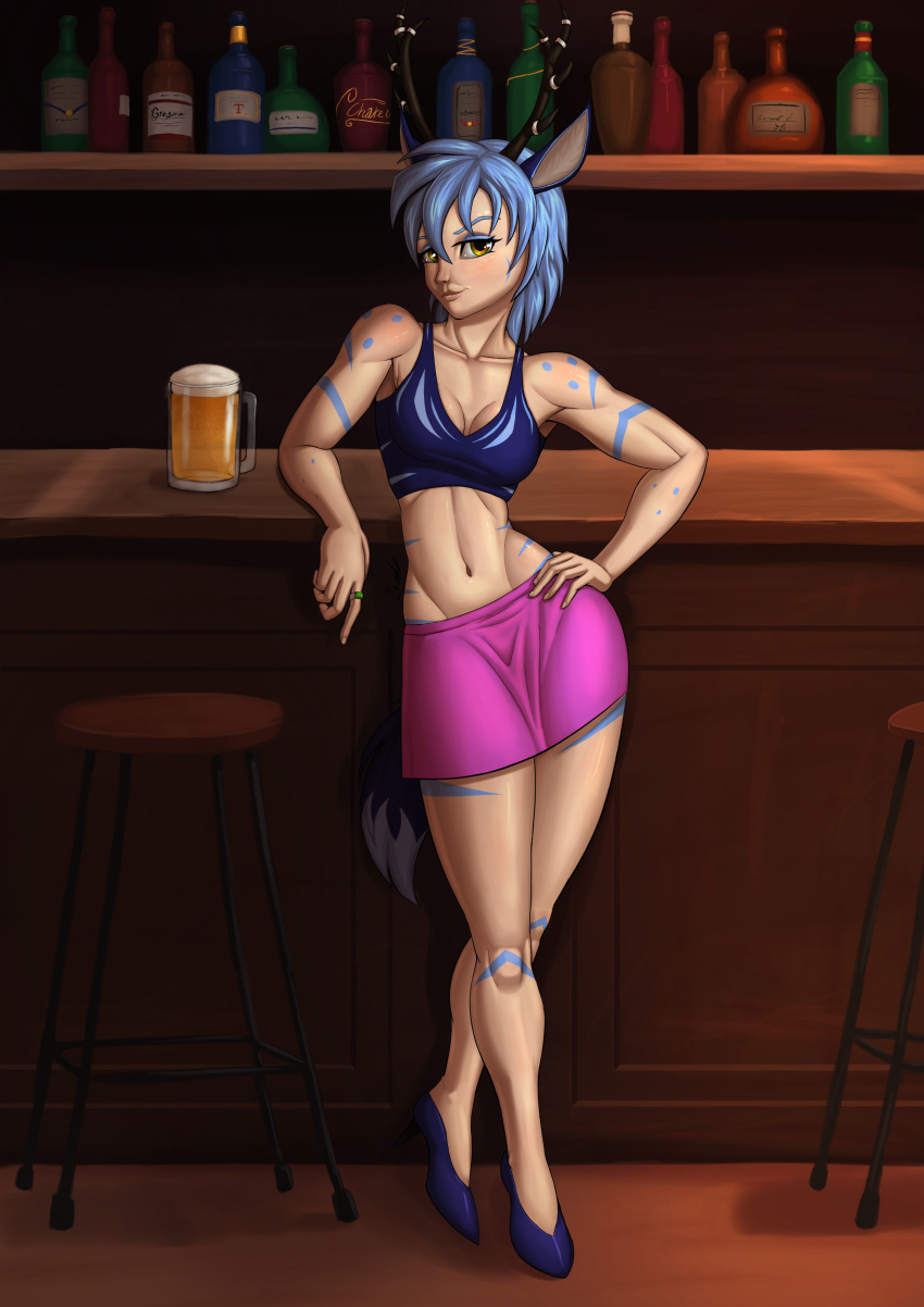 absurd_res alcoholic_drink alternate_species animal_humanoid antlers arm_support blue_hair bottle bottomwear bra cervid cervine clothing counter emerald_(gem) female furniture gem hair hand_on_hip hi_res high_heels horn humanoid leaning_on_elbow looking_at_viewer mammal markings phemia ring skirt smile smiling_at_viewer solo stool underwear yellow_eyes za-owl