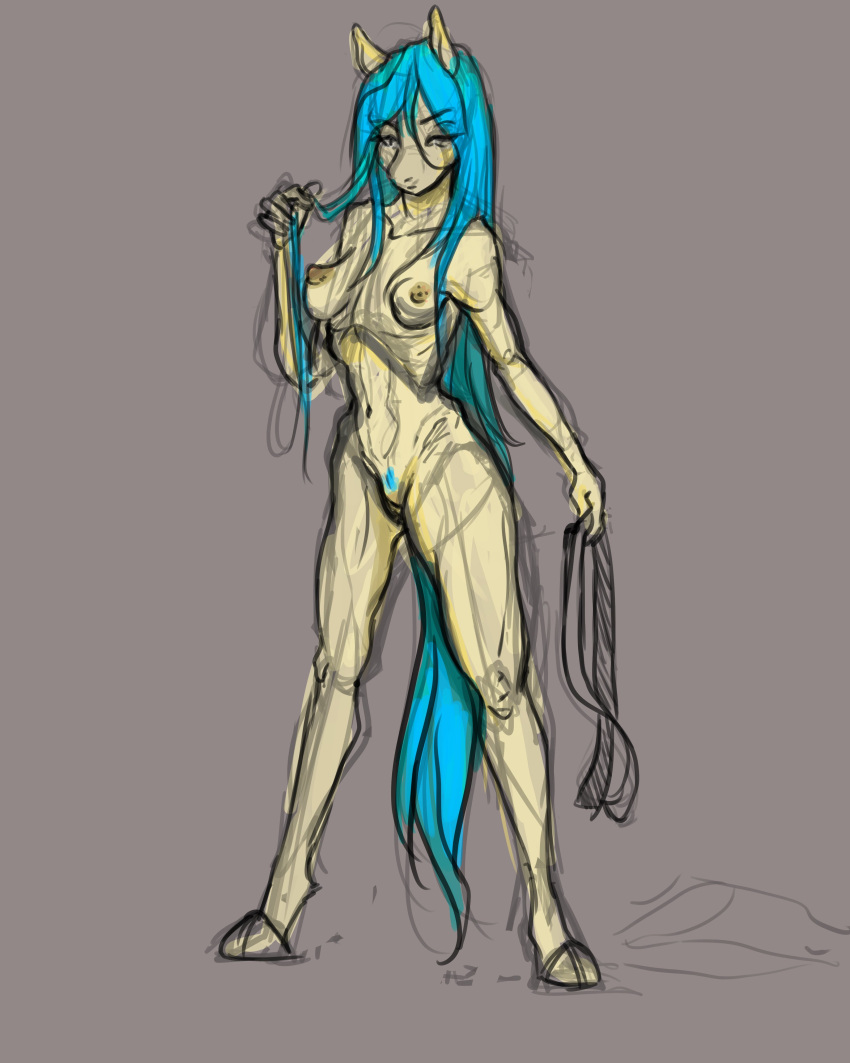 5_fingers absurd_res anthro blue_tail breasts colored_sketch earth_pony equid equine female fingers hair hasbro hi_res holding_object hooves horse long_hair mammal my_little_pony navel painted_cora pony pubes ribbons sketch small_breasts standing