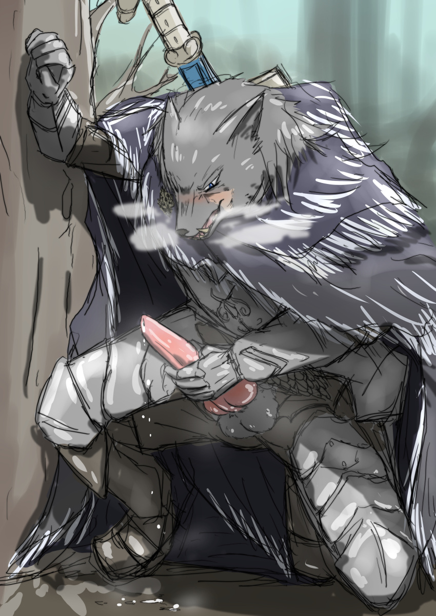 absurd_res animal_genitalia animal_penis anthro armor balls blaidd_(elden_ring) bodily_fluids canid canine canine_penis canis cape cloak clothed clothing digital_media_(artwork) elden_ring erection facial_hair forest fromsoftware fur gauntlets genital_fluids genitals gloves handwear hi_res kneeling knot male mammal masturbation mature_male melee_weapon mttbsmn open_mouth outside penile penile_masturbation penis plant solo sword tree video_games weapon wolf