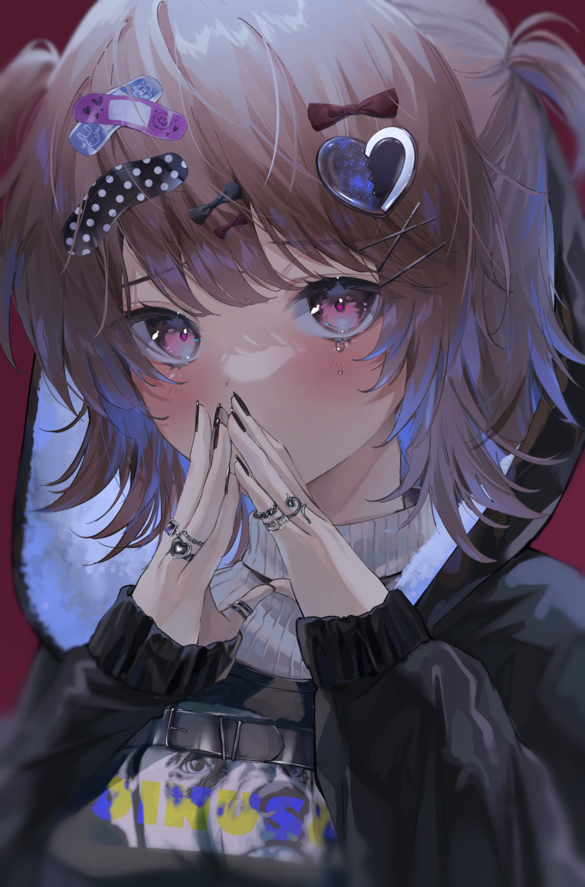1girl bangs belt black_belt black_hoodie black_nails blush bow brown_hair covering_mouth eyebrows_visible_through_hair frown fur-trimmed_hood fur_trim hair_between_eyes hair_bow hair_ornament hairclip harui_(hr_x9_) heart heart_hair_ornament highres hood hoodie jewelry long_sleeves looking_at_viewer medium_hair multiple_rings nail_polish original own_hands_together purple_eyes red_bow ribbed_sweater ring sleeves_past_wrists solo sticker sweater tears two_side_up upper_body white_sweater x_hair_ornament