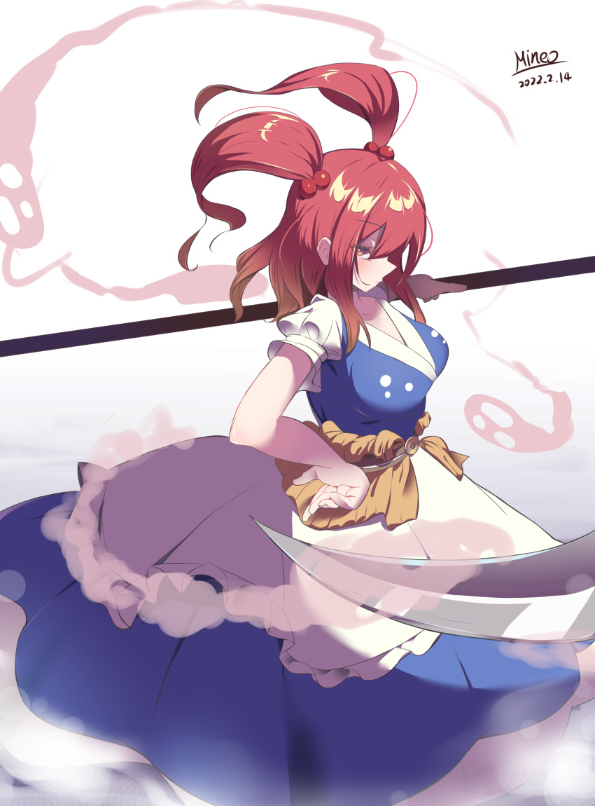 1girl absurdres bangs blue_dress breasts closed_mouth dated dress eyebrows_visible_through_hair ghost gradient gradient_background hair_bobbles hair_ornament hand_on_hip heart413 highres holding holding_scythe large_breasts looking_at_viewer onozuka_komachi red_eyes red_hair scythe short_hair short_sleeves signature solo standing touhou two_side_up white_background