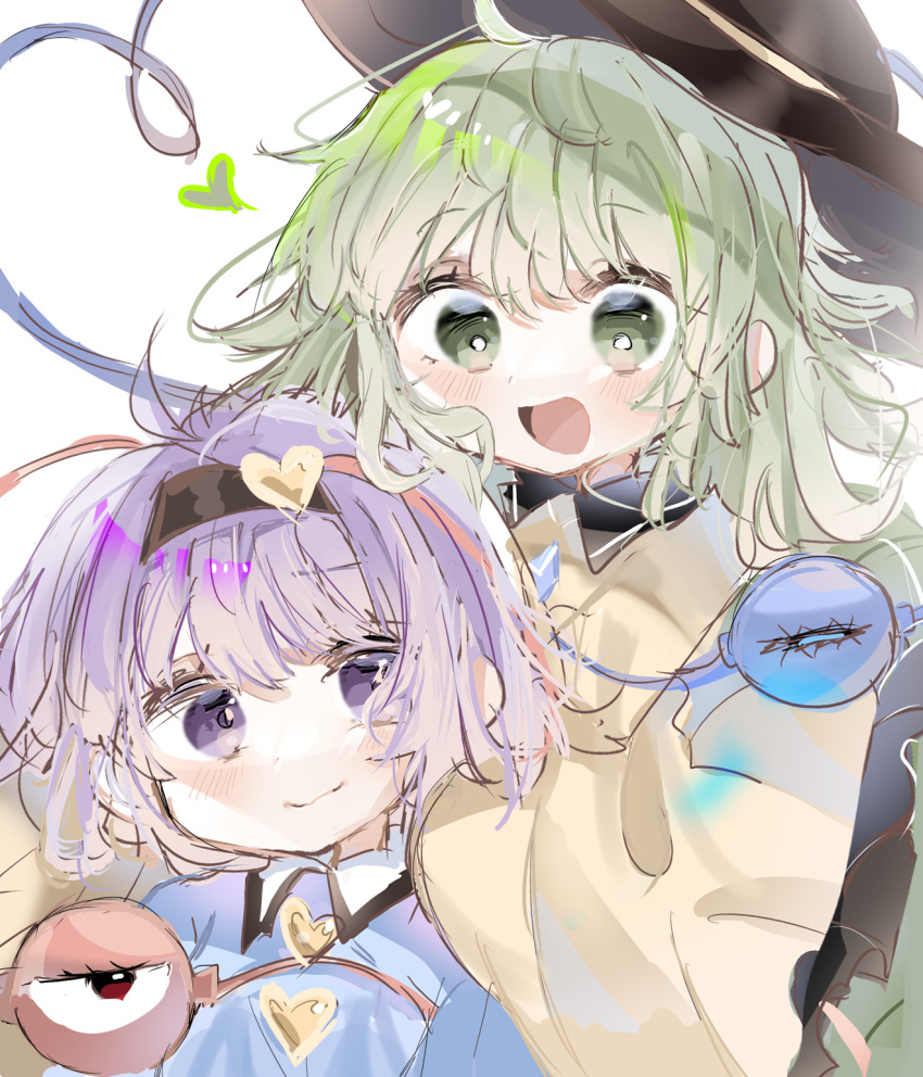 2girls :d ahoge bangs black_hairband blue_shirt blush bright_pupils closed_mouth commentary eyebrows_visible_through_hair green_eyes green_hair hairband happy hat heart heart_of_string highres komeiji_koishi komeiji_satori long_hair long_sleeves looking_at_another multiple_girls open_mouth purple_eyes purple_hair ramochi shirt siblings simple_background sisters smile third_eye touhou white_background white_pupils yellow_shirt