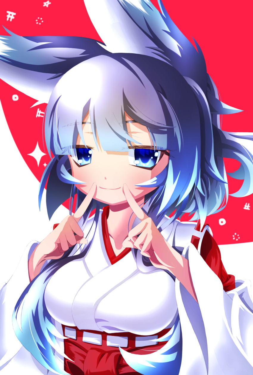 1girl animal_ears bangs blue_eyes blue_hair blunt_bangs collarbone endless1192 eyebrows_visible_through_hair eyes_visible_through_hair fingers_to_mouth fox_ears fox_girl hair_over_shoulder hands_up highres japanese_clothes kimono long_hair long_sleeves looking_at_viewer medium_hair original red_background simple_background smile solo upper_body white_background white_kimono wide_sleeves