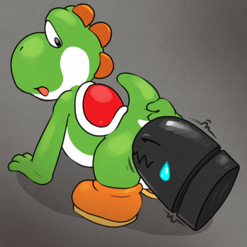 1:1 absurd_res ambiguous_gender anthro argon_vile backsack balls bent_over bodily_fluids bullet_bill clothing digital_media_(artwork) dinosaur duo eyes_closed footwear genitals green_yoshi hi_res imminent_vore looking_back male male/ambiguous mario_bros nintendo open_mouth reptile scalie shoes sweat sweatdrop video_games