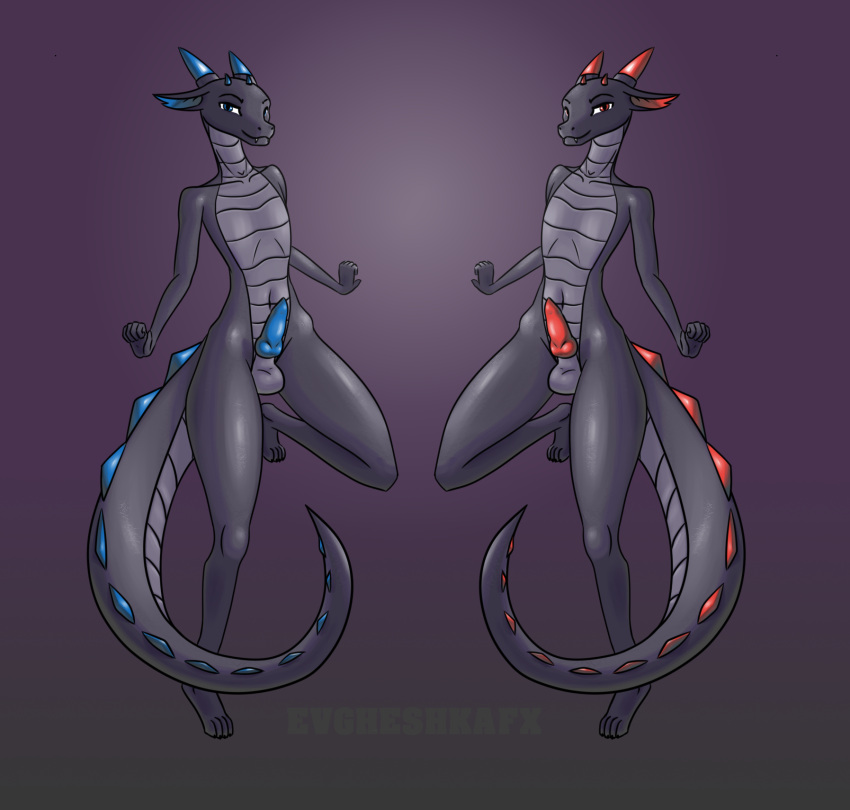 animal_genitalia anthro blue_eyes blue_genitals blue_spikes dark_body dragon duo evgheshkafx genitals girly hi_res knot looking_at_viewer male male/male red_eyes red_genitals red_spikes reptile scalie simple_background