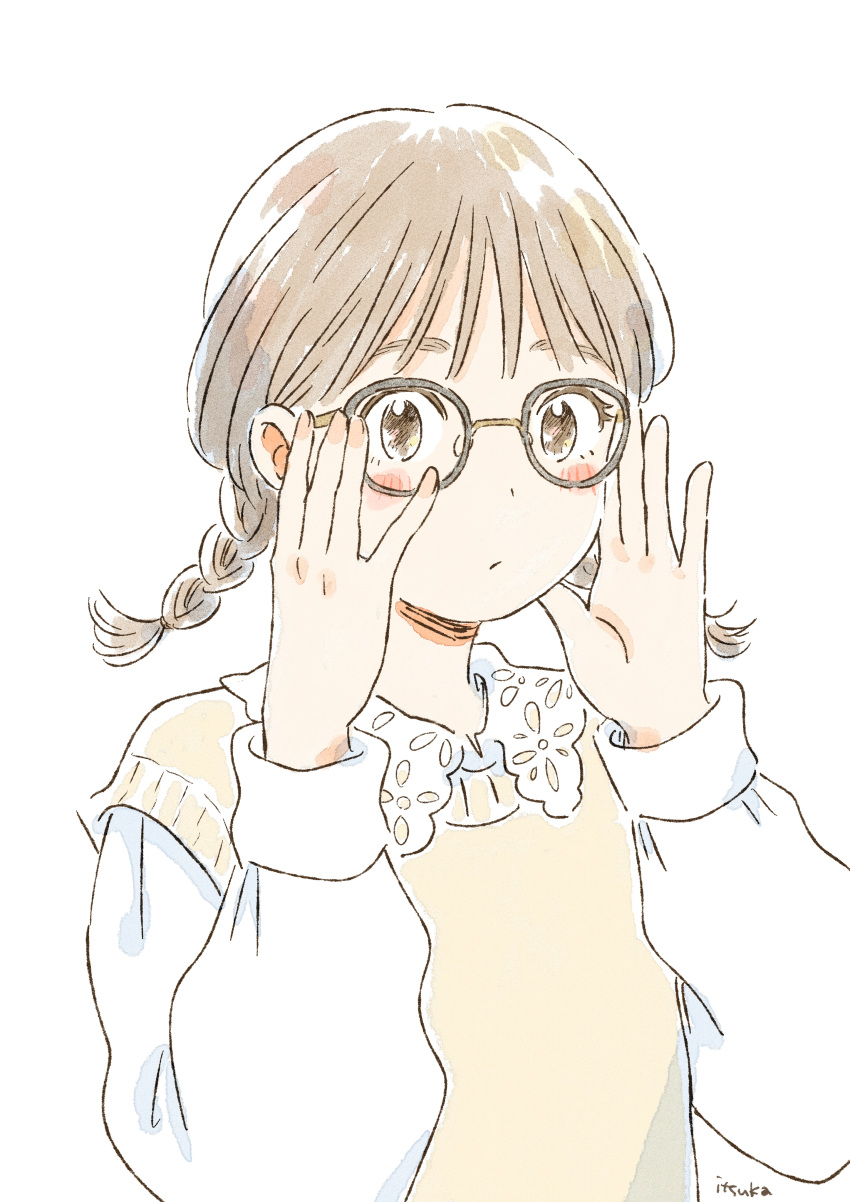 1girl absurdres adjusting_eyewear bangs black-framed_eyewear blush_stickers braid brown_eyes brown_hair closed_mouth expressionless eyebrows eyebrows_behind_hair glasses hair_behind_ear hands_up highres itunohika long_sleeves looking_at_viewer looking_to_the_side low_twintails muted_color no_pupils original pale_color pink_sweater puffy_long_sleeves puffy_sleeves shirt short_hair short_twintails signature simple_background solo sweater sweater_vest thick_eyebrows twin_braids twintails upper_body white_background white_shirt wing_collar