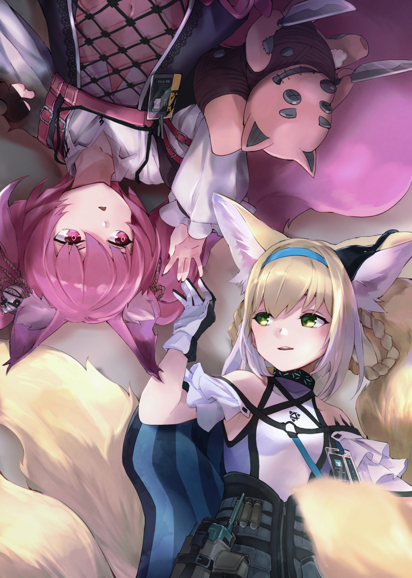 2girls absurdres animal_ear_fluff animal_ears arknights bare_shoulders black_dress blonde_hair blue_hairband braid breasts collarbone collared_shirt commentary_request covered_collarbone dress dress_shirt e-bushi fox_ears fox_girl fox_tail gloves green_eyes hair_rings hairband highres kitsune knife long_sleeves lying multicolored_hair multiple_girls navel on_back parted_lips puffy_long_sleeves puffy_sleeves purple_eyes purple_hair shamare_(arknights) shirt small_breasts stuffed_animal stuffed_dog stuffed_toy suzuran_(arknights) tail teeth twin_braids twintails two-tone_hair upper_teeth white_gloves white_hair white_shirt