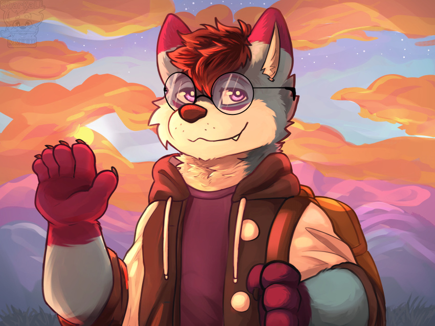 absurd_res afternoon bag blue_wolf canid canine canis clothing cookie eyewear food furry glasses hands hi_res invalid_background invalid_tag jacket light lighting mammal shaded shirt sun sunset t-shirt topwear wolf