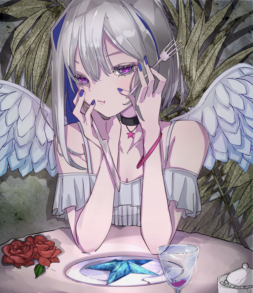 1girl absurdres amane_kanata angel angel_wings armlet asymmetrical_hair bangs bare_shoulders black_neckwear blue_eyes blue_hair blue_nails bracelet choker collarbone colored_eyelashes colored_inner_hair crossed_bangs cup dress drinking_glass eating elbows_on_table eyelashes feathered_wings fingernails flower food fork frilled_dress frilled_sleeves frills grey_hair half-closed_eyes hands_on_own_cheeks hands_on_own_face highres holding holding_fork holding_knife holding_utensil hololive jewelry knife long_fingernails matsushima_dayo multicolored_hair pale_skin pendant pendant_choker pink_bracelet pink_pupils pinstripe_dress pinstripe_pattern plate pout red_flower red_rose rose shirt short_sleeves sidelocks single_hair_intake solo spaghetti_strap star_(symbol) star_choker starfish striped table thick_eyelashes utensil white_shirt wings