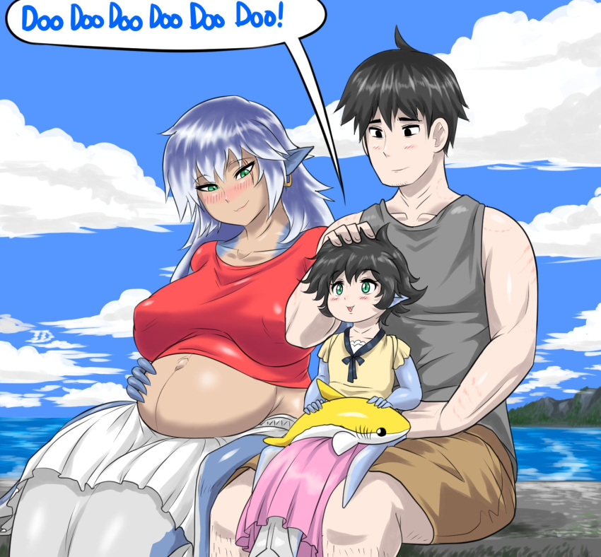 1boy 2girls :&gt; baby_shark black_eyes black_hair blue_skin blush breasts cloud cloudy_sky colored_skin earrings family fang father_and_daughter fish_tail green_eyes hand_on_another's_head headpat highres holding holding_toy hoop_earrings imperium jewelry kneeless_mermaid large_breasts mermaid monster_girl mother_and_daughter multiple_girls open_mouth original parent_and_child pier pink_skirt pregnant red_shirt scar scar_across_eye shark_girl shark_tail shirt short_hair shorts signature single_earring sitting sitting_on_lap sitting_on_person skirt sky smile stuffed_animal stuffed_shark stuffed_toy tail tank_top toy water white_skirt