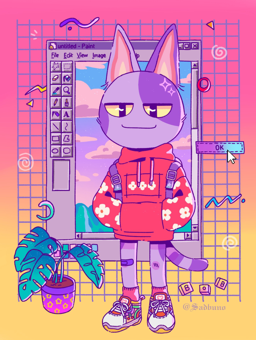 abstract_background animal_crossing anthro bob_(animal_crossing) clothing digital_media_(artwork) domestic_cat felid feline felis footwear front_view fur hand_in_pocket hi_res looking_at_viewer male mammal microsoft microsoft_paint microsoft_windows nintendo pattern_clothing pink_clothing pink_footwear pink_socks plant plant_pot pockets potted_plant puraco purple_body purple_fur shoes smile sneakers socks solo symbol vaporwave video_games