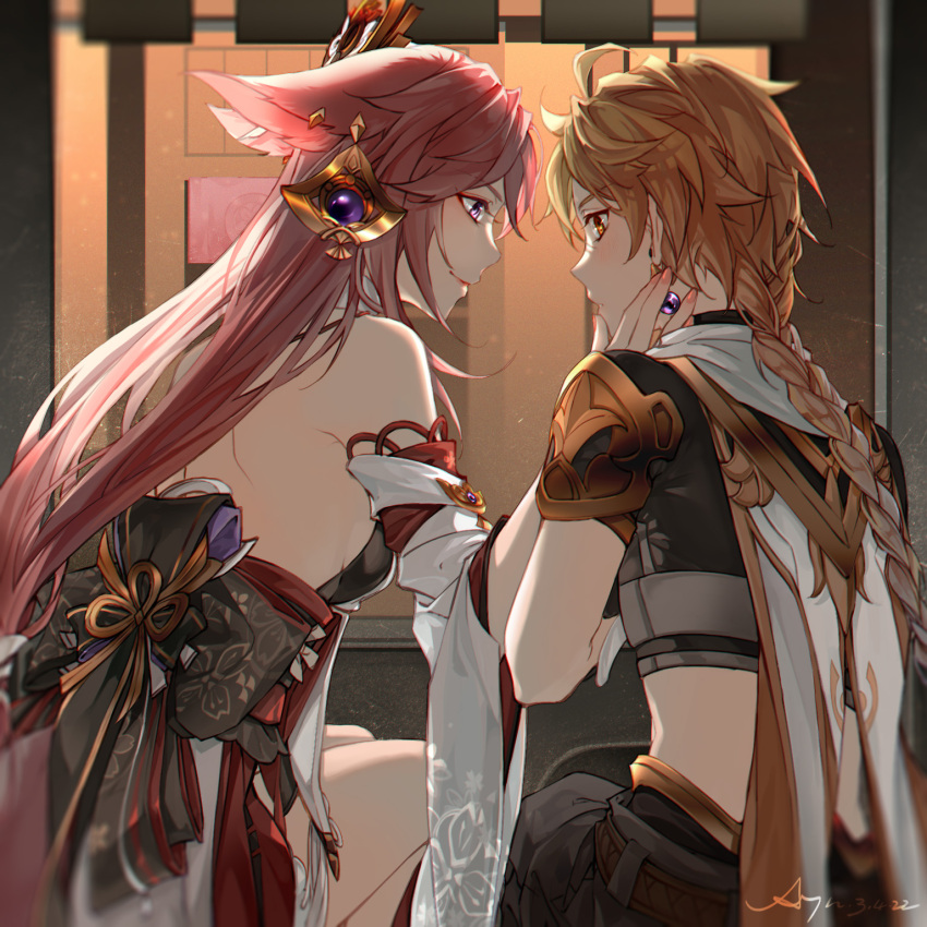 1boy 1girl aether_(genshin_impact) ahoge animal_ears back bare_shoulders blonde_hair braid braided_ponytail closed_mouth coattails crop_top detached_sleeves earrings floppy_ears fox_ears from_behind genshin_impact highres japanese_clothes jewelry kimono ljayu long_hair looking_at_another low-tied_long_hair miko pink_hair priestess purple_eyes single_braid single_earring sitting smile thighs vision_(genshin_impact) wide_sleeves yae_miko yellow_eyes