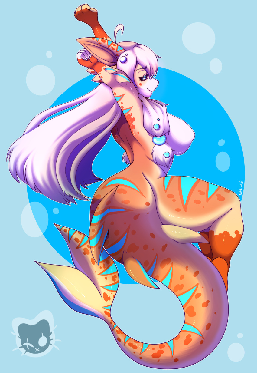 absurd_res anthro big_tail blue_eyes breasts female fish hair hi_res jewelry marine nolshibavg non-mammal_breasts nude orange_body shark simple_background smile solo stretching stripes sushi_(sootsprite) white_hair